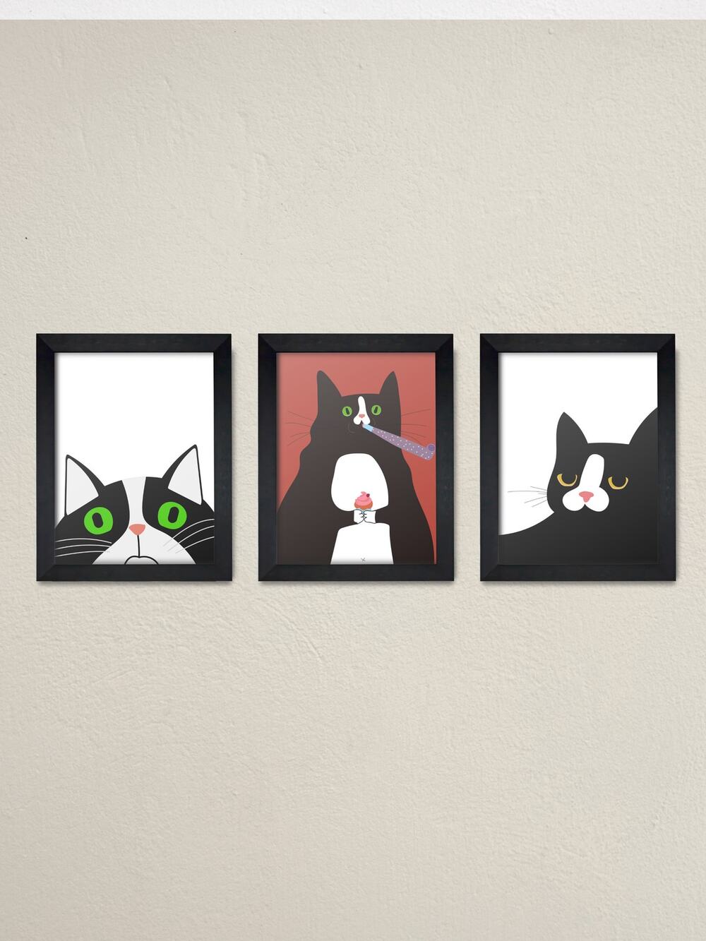 Set of 3 Cat Framed Wall Art | Cute Kitten Canvas Prints